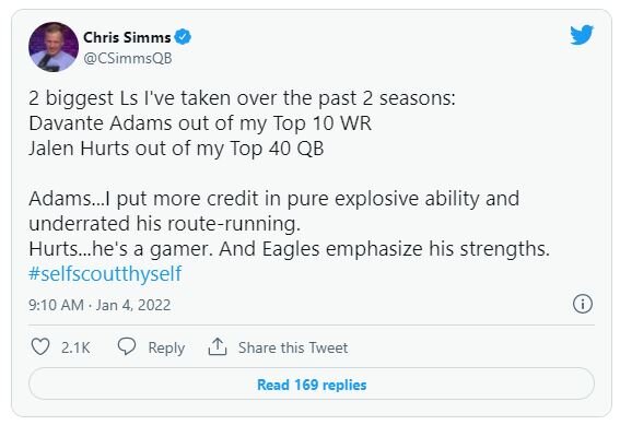 Chris Simms accepts L for leaving Hurts off his QB list