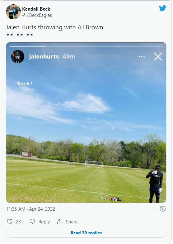 Jalen Hurts throwing to A.J. Brown amidst trade speculation on weekend prior to Eagles offseason workouts