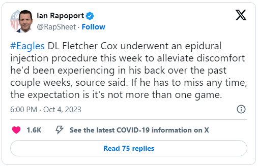 Cox reportedly in danger of missing Rams game after epidural in back