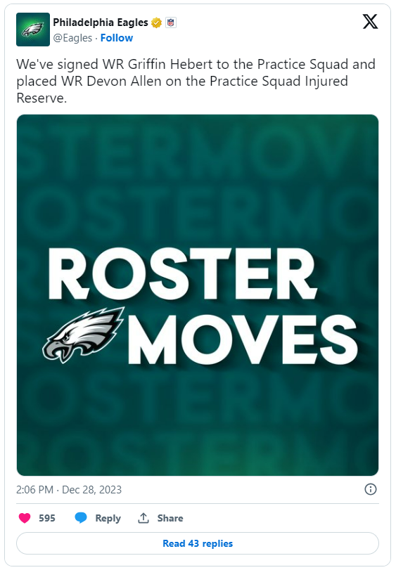 Roster Moves: Eagles convert TE to WR ahead of Week 17 matchup vs. Arizona