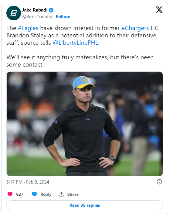 Sources: Eagles have been in contact with former Chargers HC Brandon Staley for defensive role