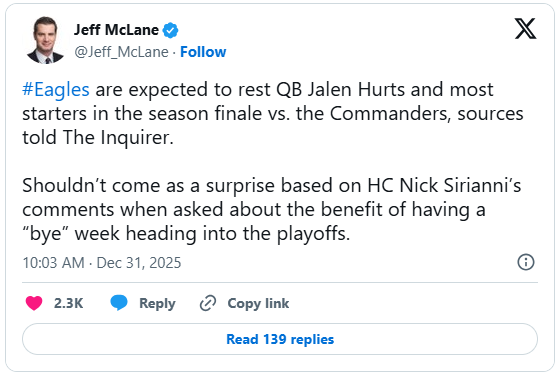 Report: Eagles expected to rest starters Week 18 vs. Commanders